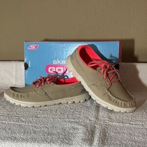 Skechers Go Walk Women’s Tan Boat Shoes with Coral Accents